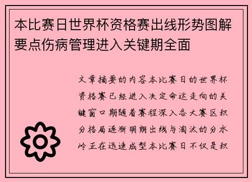 本比赛日世界杯资格赛出线形势图解要点伤病管理进入关键期全面